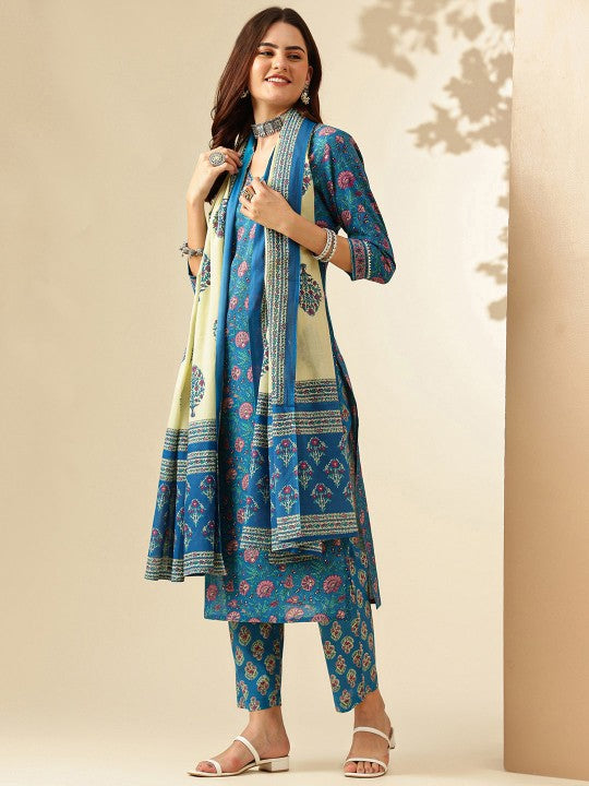 Floral Printed Regular Pure Cotton Kurta With Trousers & Dupatta-3
