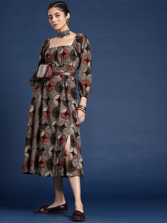 Dabu Geometric Printed A-Line Pure Cotton Midi Ethnic Dress-1