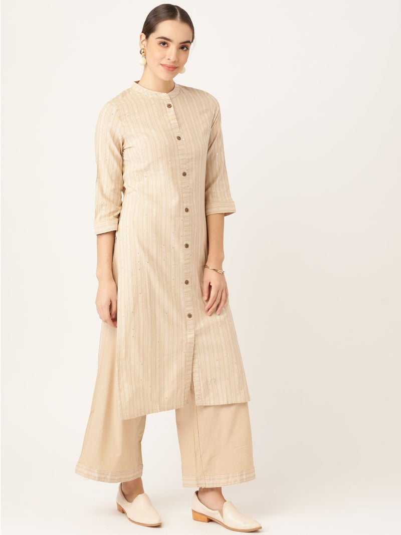 Women Beige Pure Cotton Striped Kurta with Palazzos-1