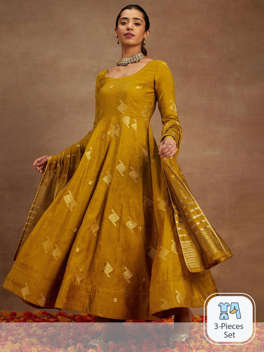 Woven Design Chanderi Silk Kurta With Trousers & Dupatta-7