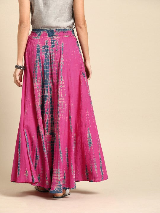 Pink and Blue Dyed Maxi Pure Cotton Flared Skirt