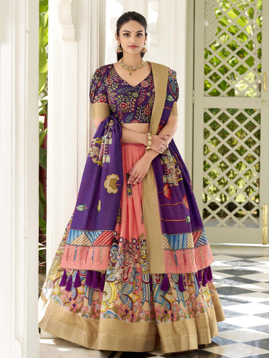 Kalamkari Printed Semi-Stitched Lehenga & Unstitched Blouse With Dupatta-1