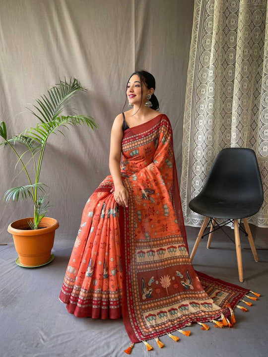 Cotton Bend Kalamkari Saree With Tassel-4