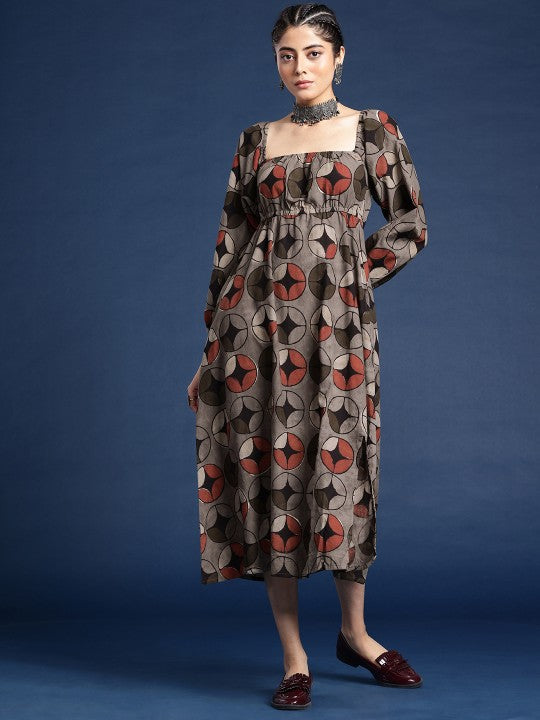 Dabu Geometric Printed A-Line Pure Cotton Midi Ethnic Dress-3
