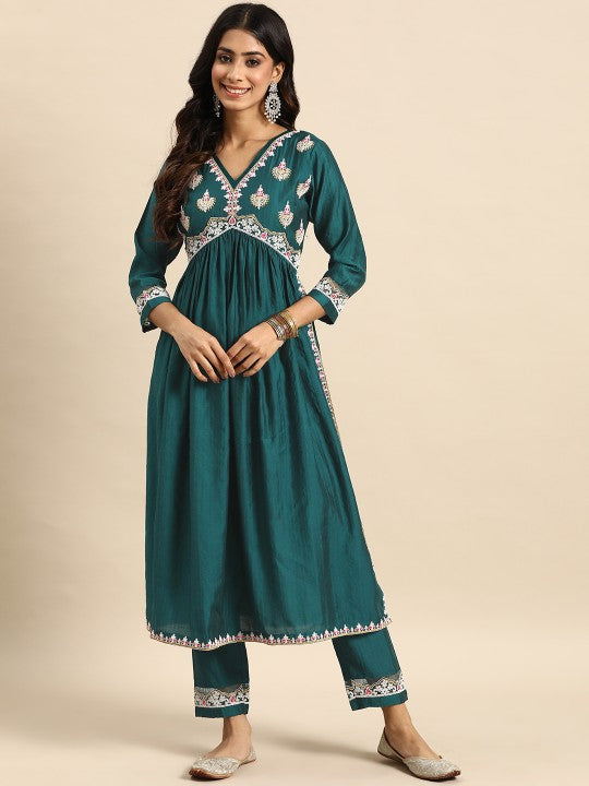 Ethnic Motifs Embroidered A-Line Kurta With Trouser