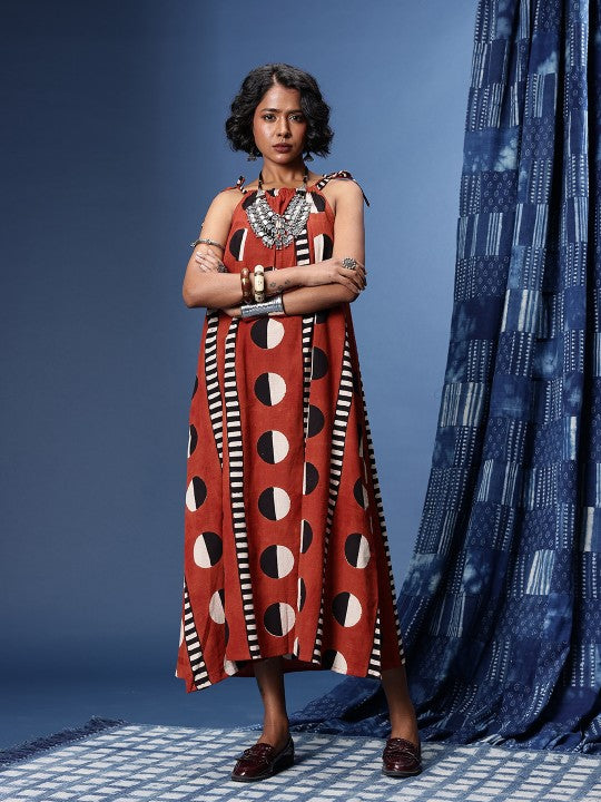 Printed Halter Neck Tie-Ups Pure Cotton Bagru A-Line Ethnic Dresses-1