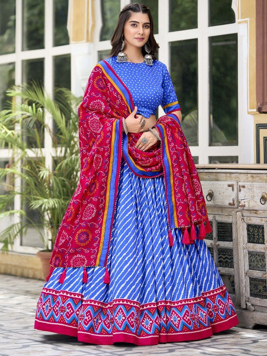Blue Printed Ready to Wear Lehenga & Unstitched Blouse With Dupatta