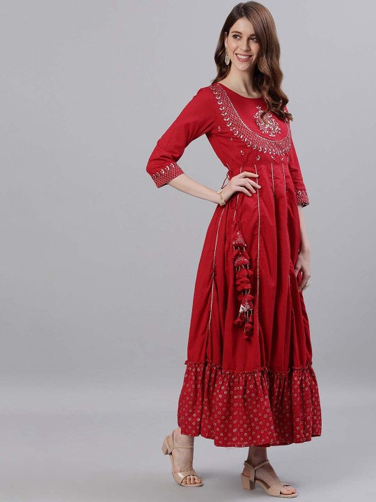 Women Red & Silver Gota Patti Embellished Maxi Dress-3
