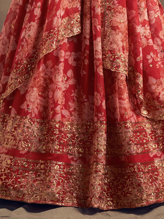 Red & Gold-Toned Embroidered Sequinned Shibori Semi-Stitched Lehenga & Unstitched Blouse With