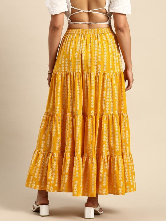 Floral Printed Tiered Flared Maxi Skirt-5