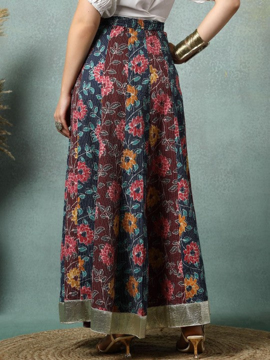 Floral Printed Cotton Flared Maxi Skirt-4