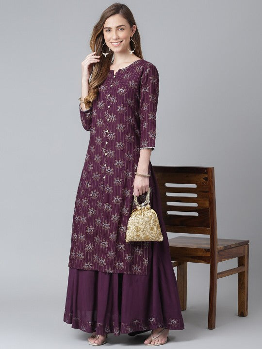 Women Purple Ethnic Motifs Printed Kurta with Skirt-5