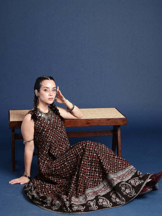 Paisley Indie-Floral Print Sleeveless Maxi Bagru Ethnic Dress-6
