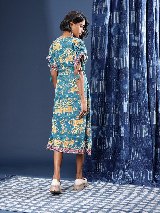 Pure Cotton Printed Tie Up Waist A-Line Sanganeri Ethnic Dress With Side Slit-3