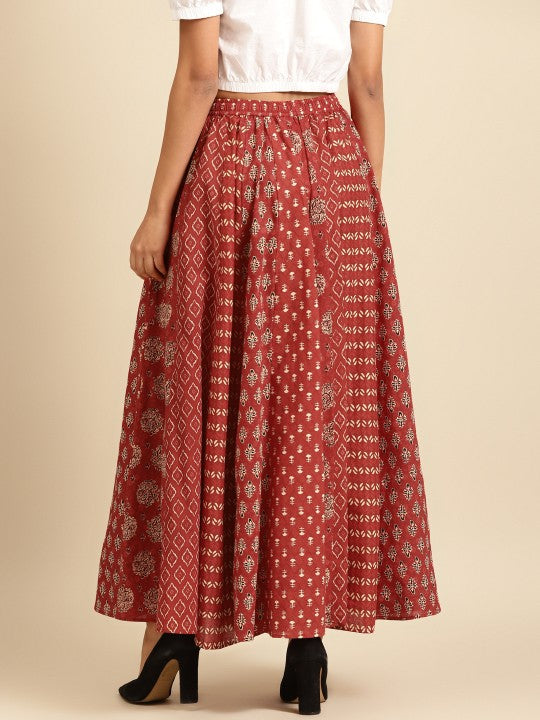 Maroon & Beige Printed Pure Cotton Maxi Flared Skirt-4