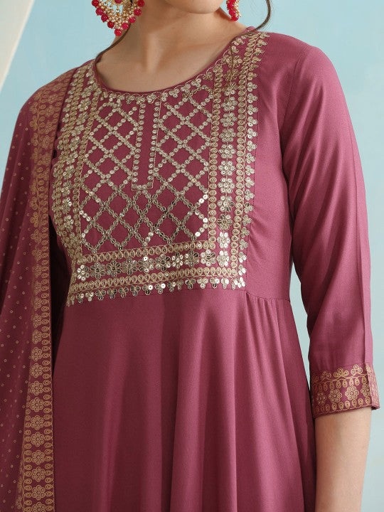 Embroidered Regular Sequinned Kurta with Palazzos & Dupatta-3