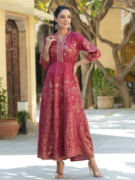 Women Red & Golden Ethnic Motifs Print Liva Maxi Dress-1