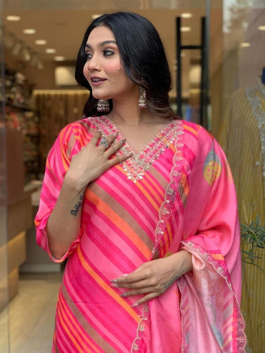 Leheriya Printed Sequinned Pure Silk Kurta with Trousers & Dupatta