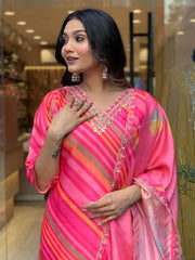 Leheriya Printed Sequinned Pure Silk Kurta with Trousers & Dupatta