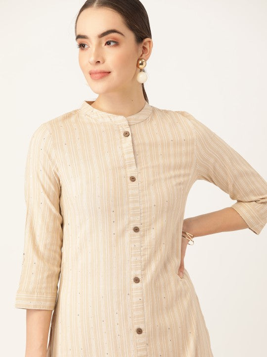 Women Beige Pure Cotton Striped Kurta with Palazzos-3