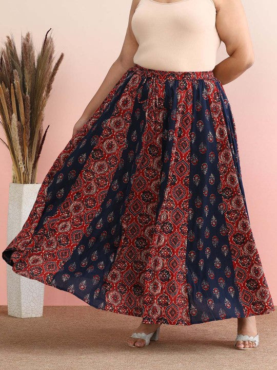 Ethnic Printed Cotton Flared Plus Size Maxi Skirts-1