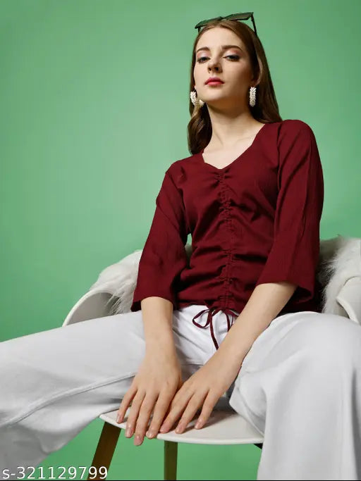 Women's Maroon Polyester Casual Regular Top With V-Neck & Three-Quarter Sleeves