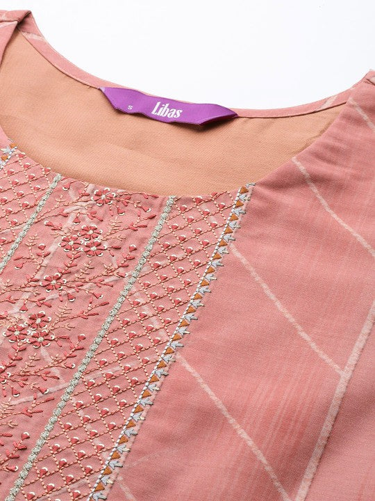 Women Peach-Coloured Floral Yoke Design Thread Work Kurta with Trousers & With Dupatta