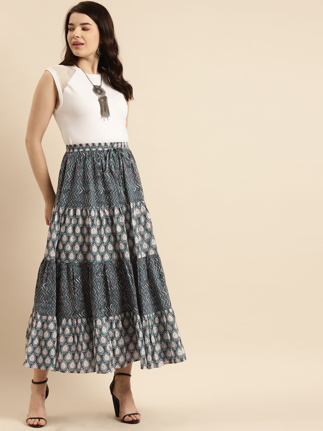 Anayna Women Blue And White Printed Cotton Tiered Long Skirt-1