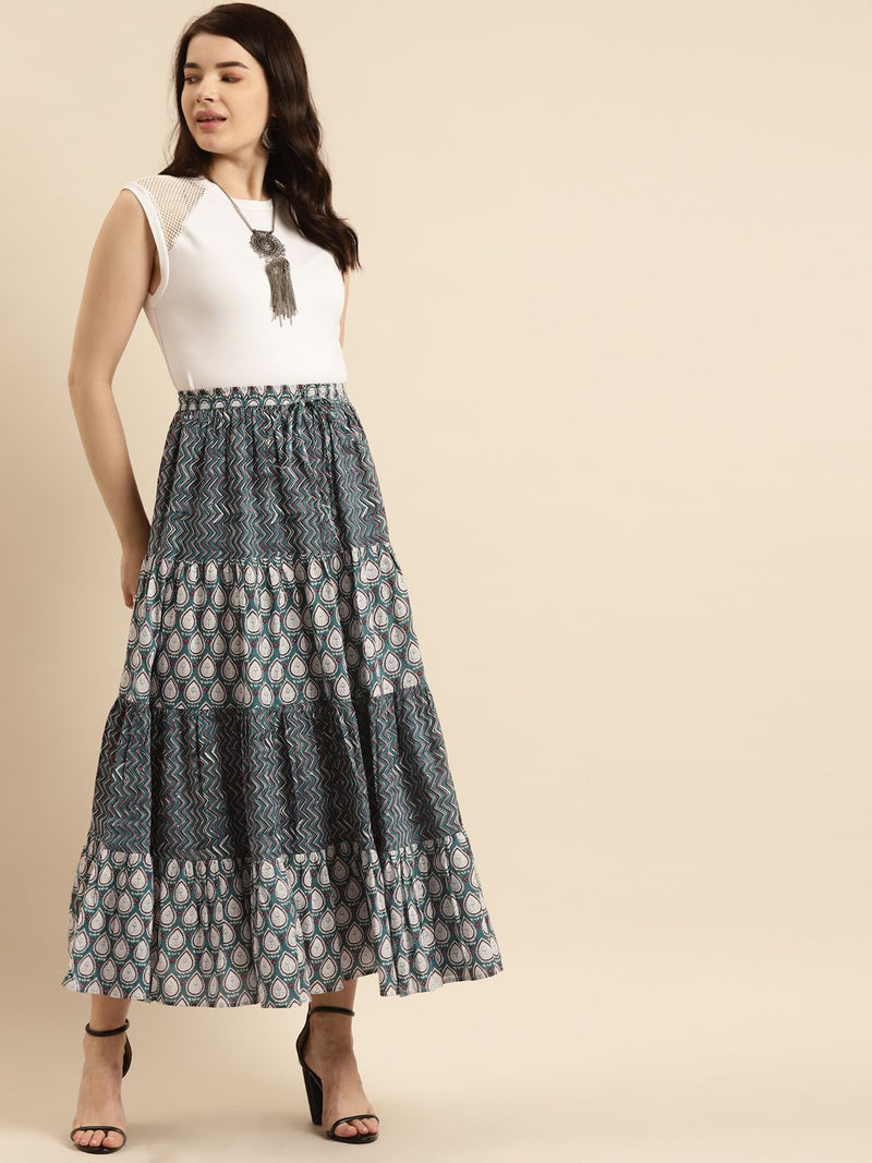 Anayna Women Blue And White Printed Cotton Tiered Long Skirt-1