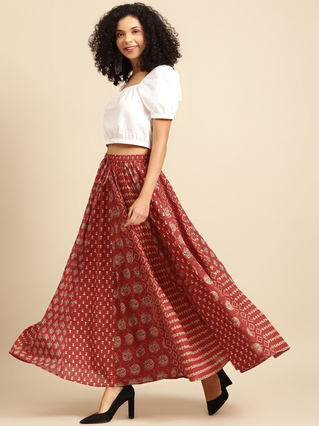 Maroon & Beige Printed Pure Cotton Maxi Flared Skirt