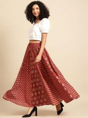 Maroon & Beige Printed Pure Cotton Maxi Flared Skirt