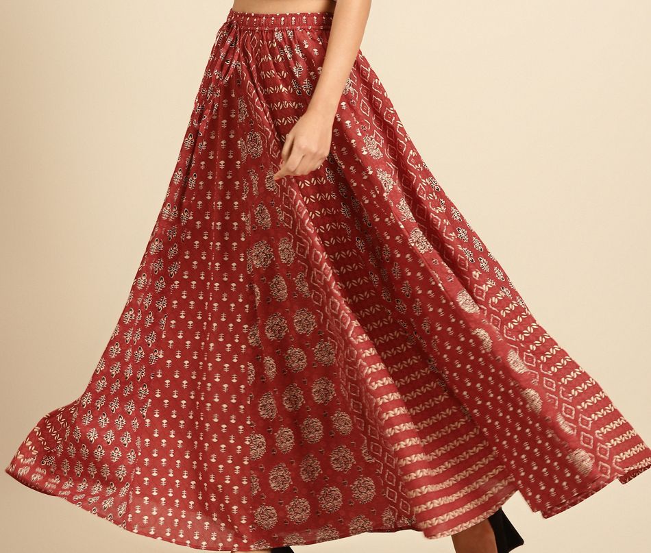 Maroon & Beige Printed Pure Cotton Maxi Flared Skirt