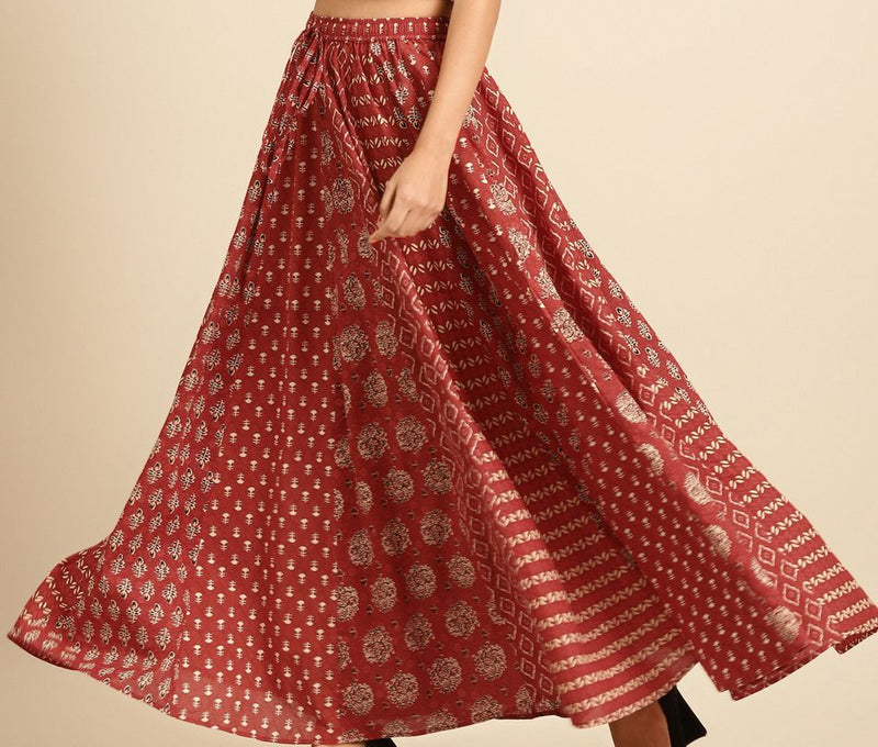 Maroon & Beige Printed Pure Cotton Maxi Flared Skirt-5