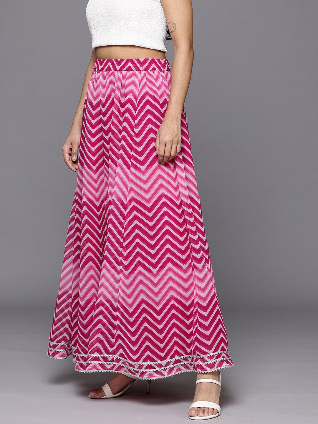 Women Leheriya Printed Gotta Patti Detail Flared Maxi Skirt-8