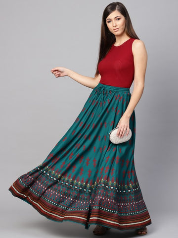Teal Blue & Red Printed Flared Maxi Skirt