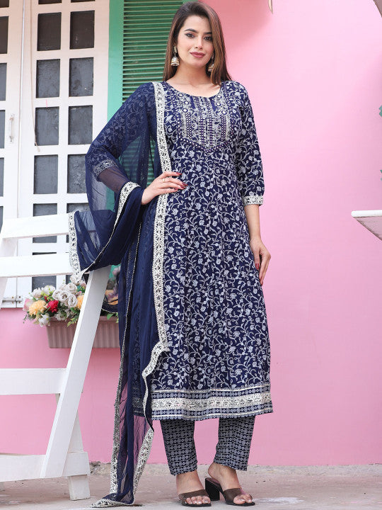 Floral Printed Mirror Work Anarkali Kurta & Trousers With Dupatta-13