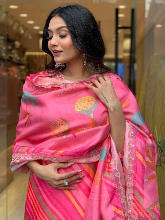 Leheriya Printed Sequinned Pure Silk Kurta with Trousers & Dupatta