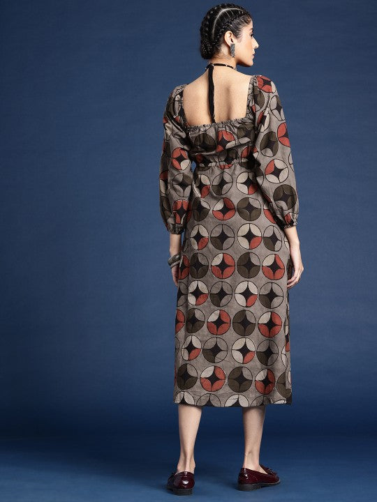 Dabu Geometric Printed A-Line Pure Cotton Midi Ethnic Dress-4