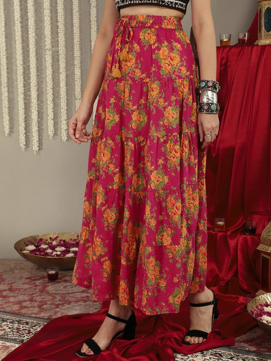 Women Pink & Mustard-Yellow Printed Tiered Skirt With Lace Detailing-3