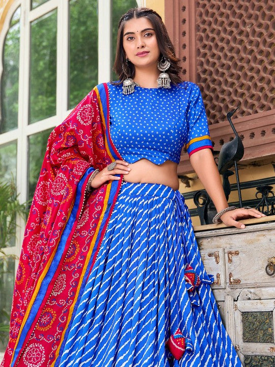 Blue Printed Ready to Wear Lehenga & Unstitched Blouse With Dupatta