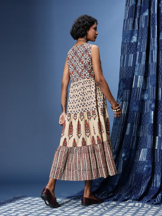 Floral Printed Gathered or Pleated Bagru A-Line Ethnic Dresses-5