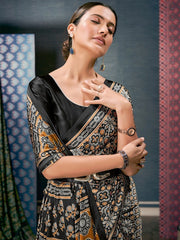 Black & Orange Ethnic Motifs Block Printed Sarees