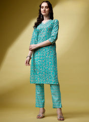 V-Neck Cotton Printed Design Kurta Set