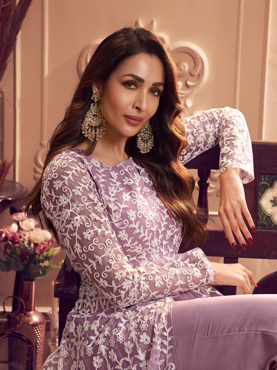 Floral Embroidered Keyhole Neck Long Sleeve High Slit Thread Work Kurta Set-3