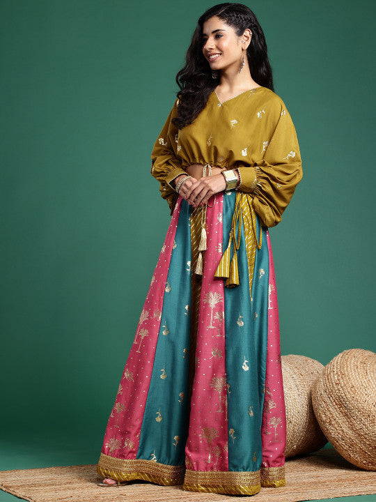 Foil Printed V-Neck Dolman Sleeves Ready to Wear Lehenga Choli
