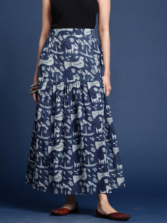 Women Ethnic Motifs Printed Pure Cotton Indigo Maxi Skirt-1