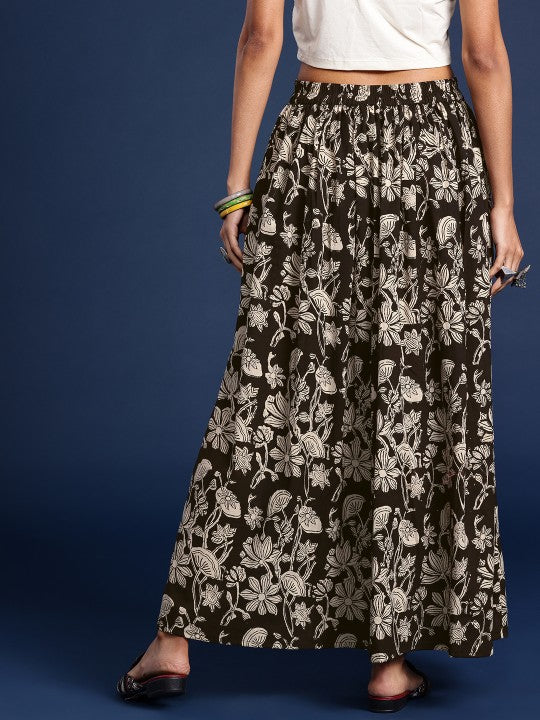 Floral Printed Cotton Maxi Flared Skirt-3