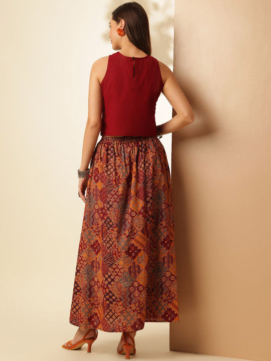 Maroon Boat Neck Sleeveless Pure Cotton Crop Top & Skirt
