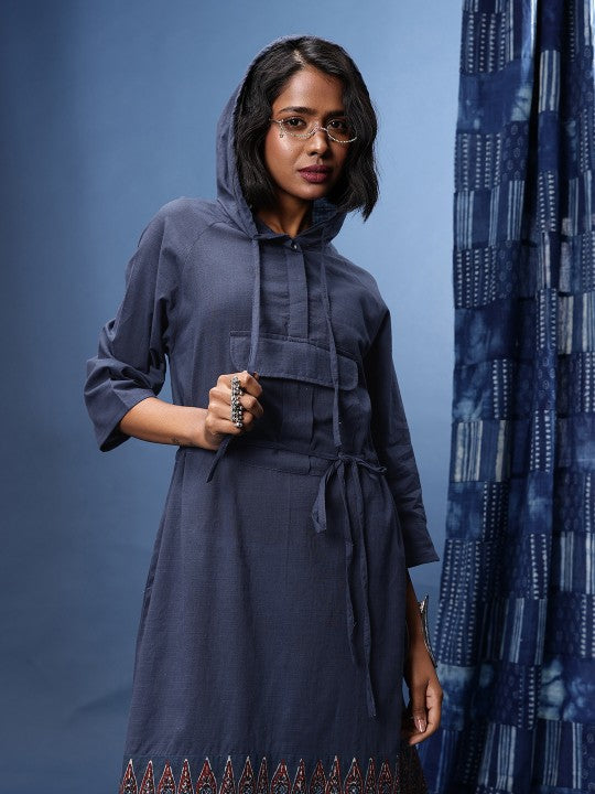 Printed Hooded Tie-Ups Ajrakh A-Line Dress-1