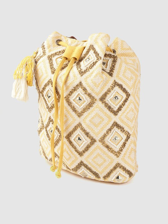 Women Yellow & Off-White Embellished Sling Bag-9
